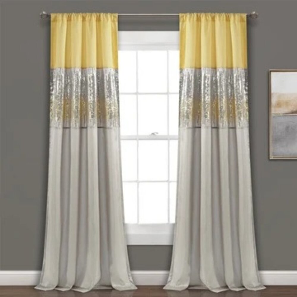 NEW Lush Decor Night Sky Window Curtain Panel Yellow Gray 42in x 95in Sequin
